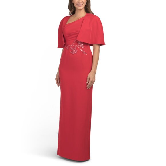 RENE BY RENE RUIZ Red Cape Gown With Beaded Embellishments - Picture 1 of 2